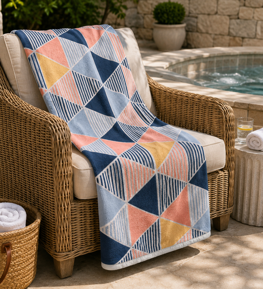 A geometric patterned beach pool towel  featuring navy, light blue, pink, and yellow triangles.