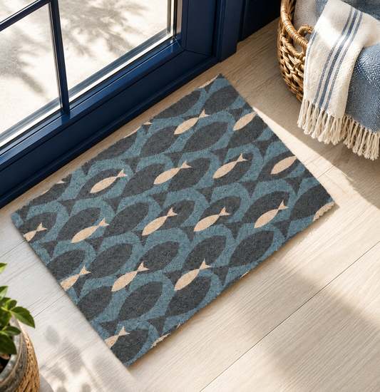 A rectangular doormat with a repeating fish pattern in slate blue, charcoal gray, and beige