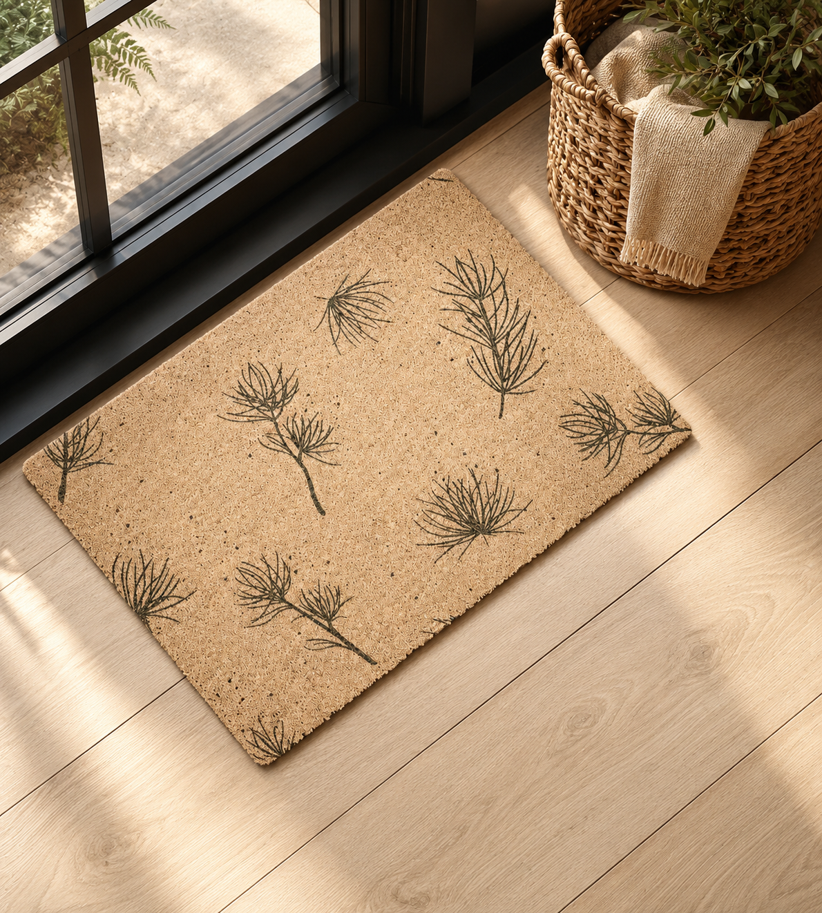 A rectangular natural coir doormat with a black pine branch pattern