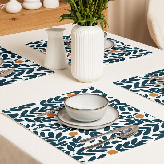 Blue and yellow olive leaf-patterned placemats. 