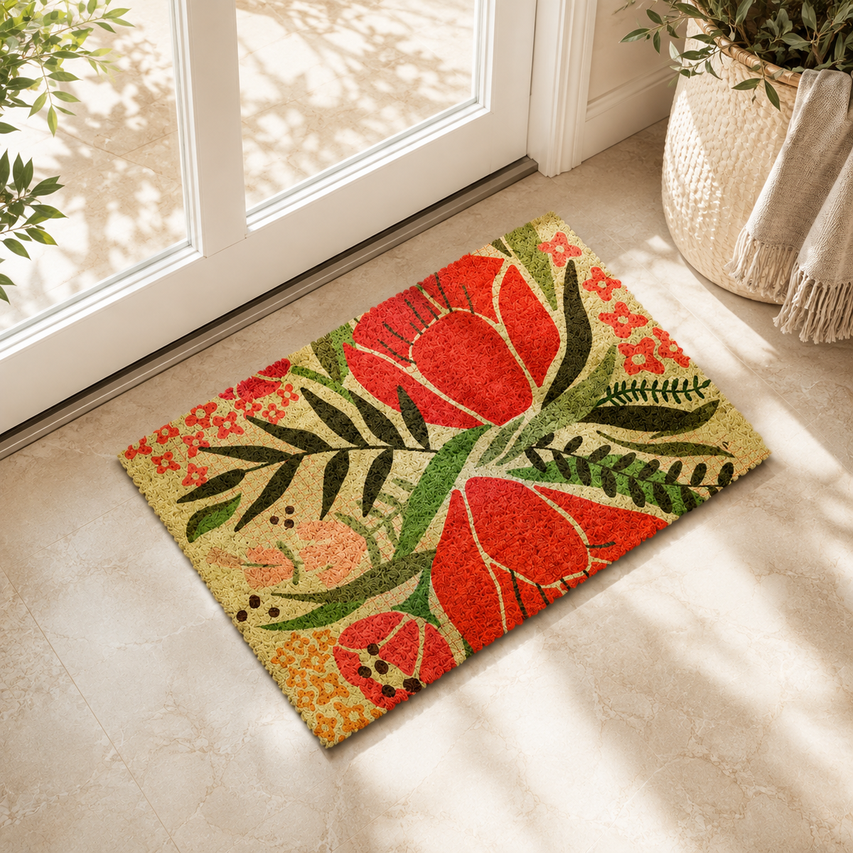 A rectangular coir doormat with a vibrant floral pattern featuring red tulips, green leaves, and orange blossoms 