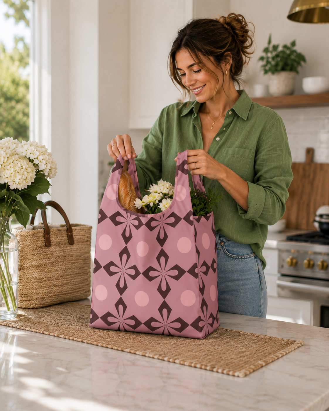 pink reusable shopping bag with a dark geometric pattern. 