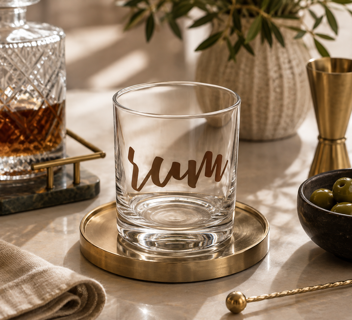 A clear glass rocks tumbler with the word 'rum' in brown script