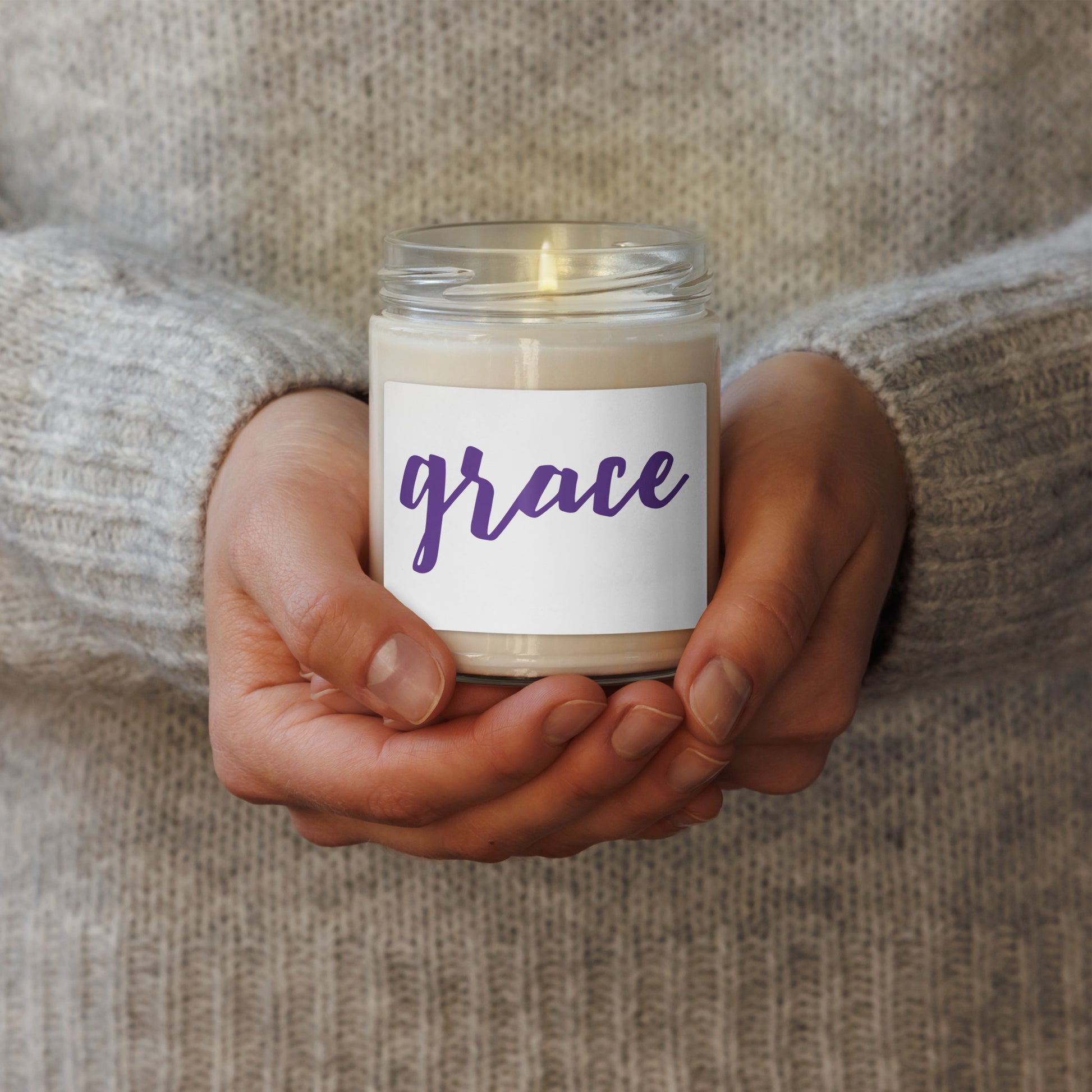 clear glass jar with a white label reading 'grace' in purple script