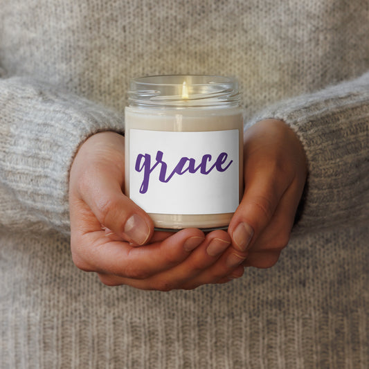 clear glass jar with a white label reading 'grace' in purple script