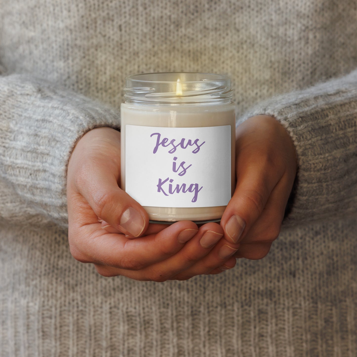 Jesus  Is King in purple text soy scented candle 