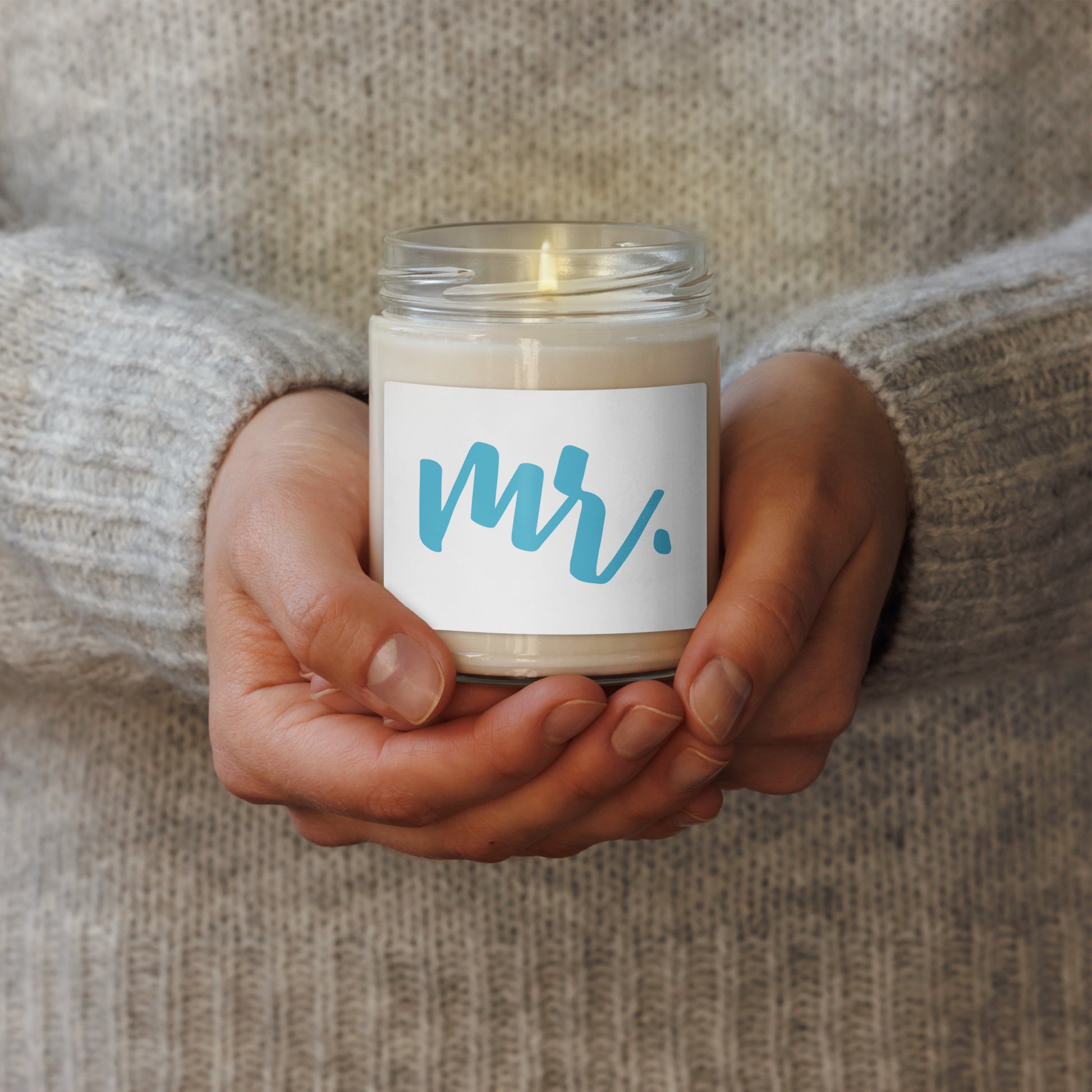  'mr.' in blue script soy scented candle 