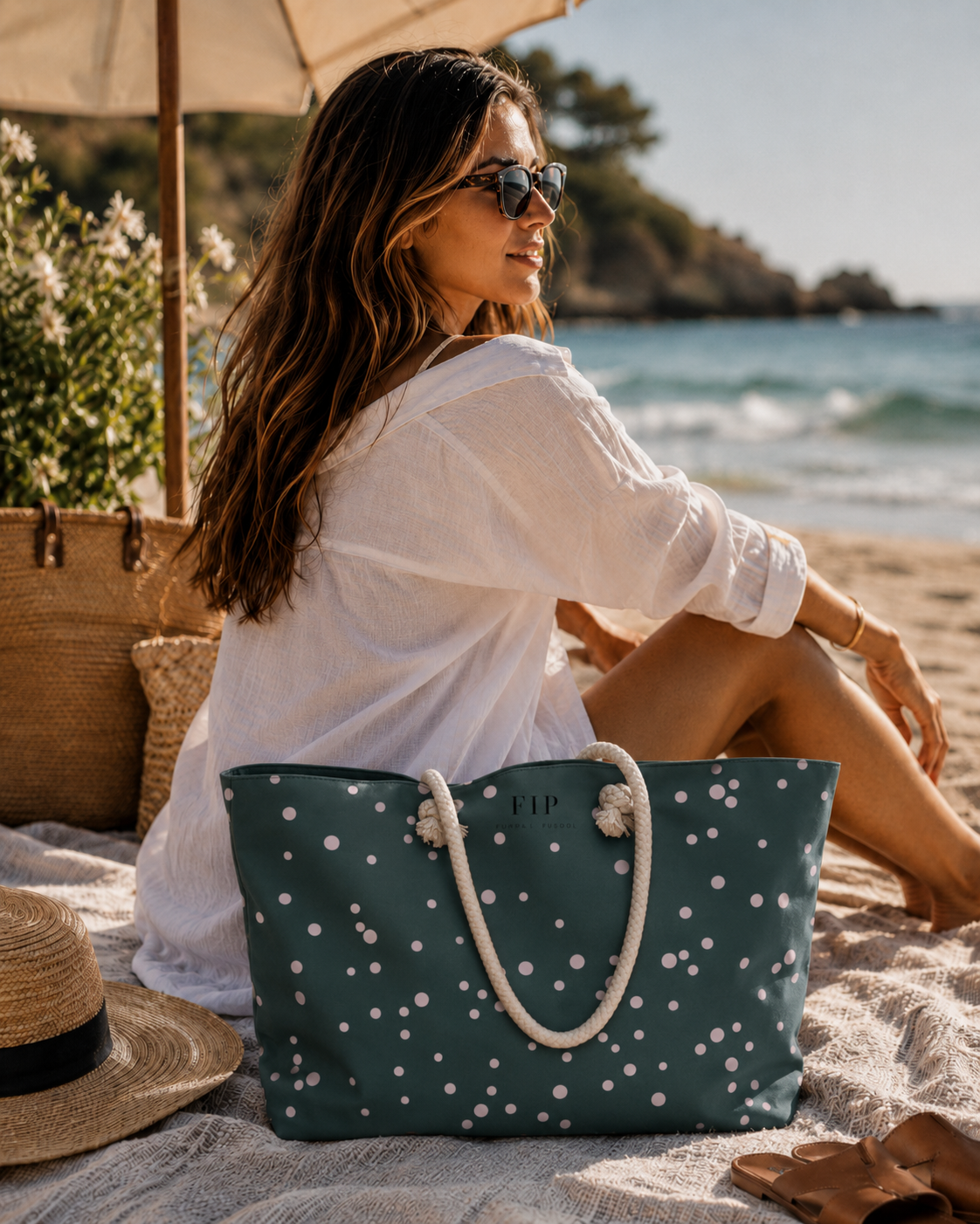 with a teal navy  tote bag featuring white pink polka dots and thick cream rope 