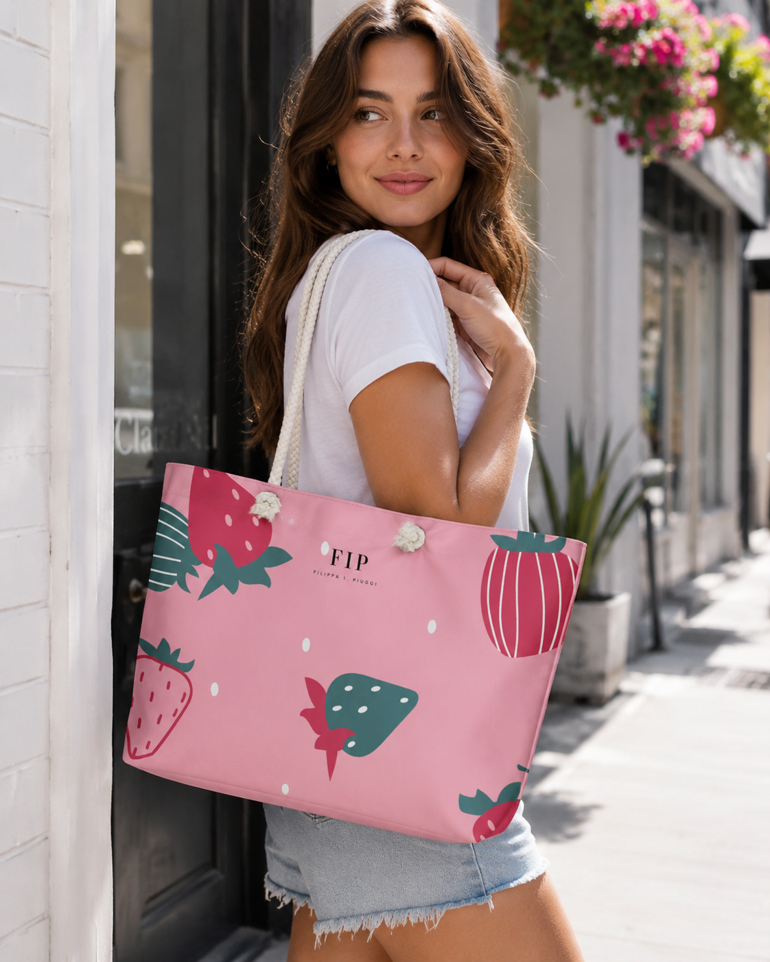  pink tote bag with a strawberry and raspberry print
