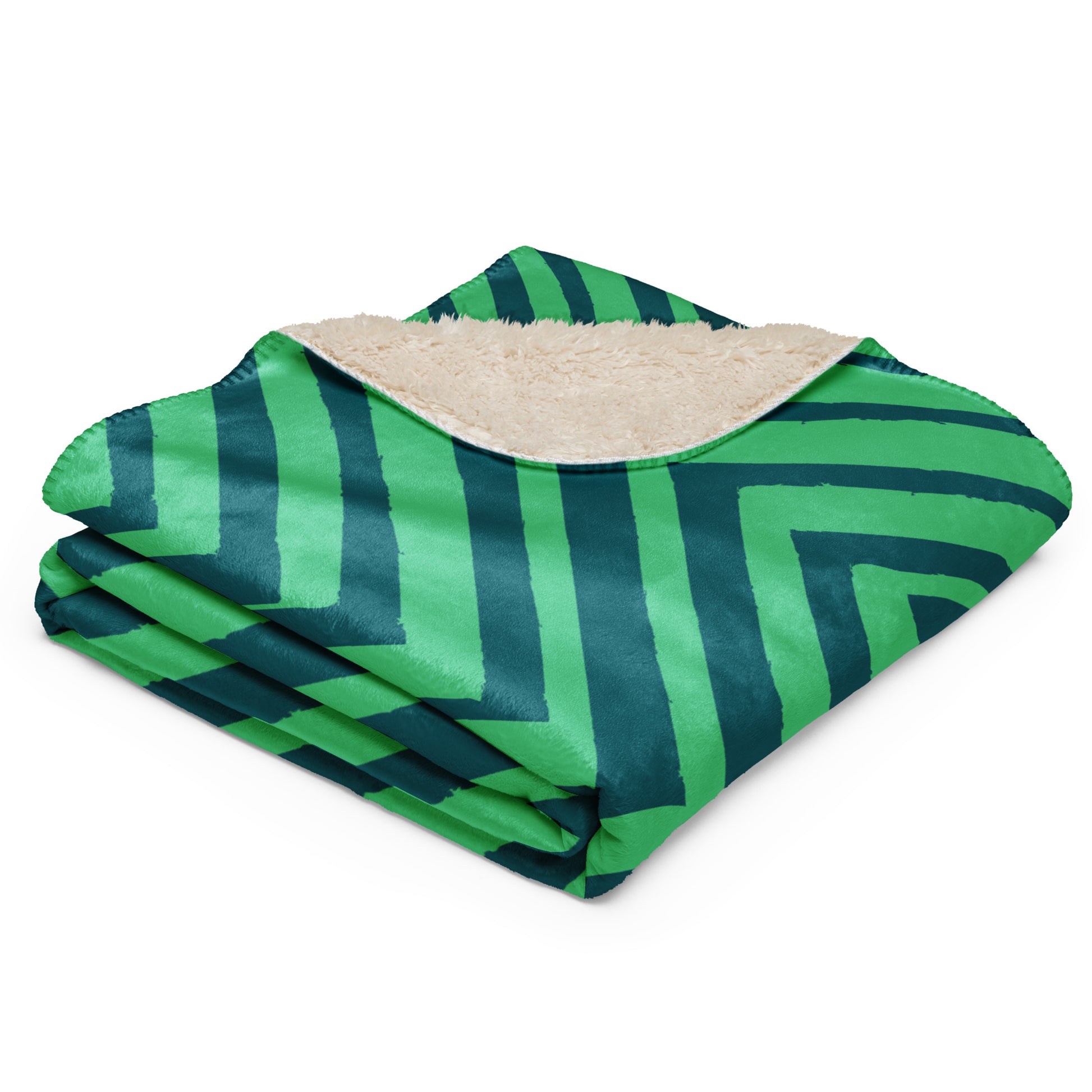 Green and dark teal chevron pattern with a beige sherpa lining. 