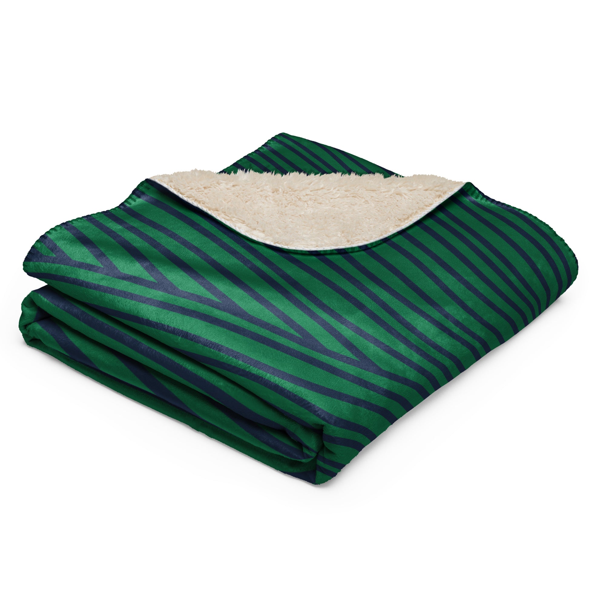 green and navy blanket with sherpa beige interior 