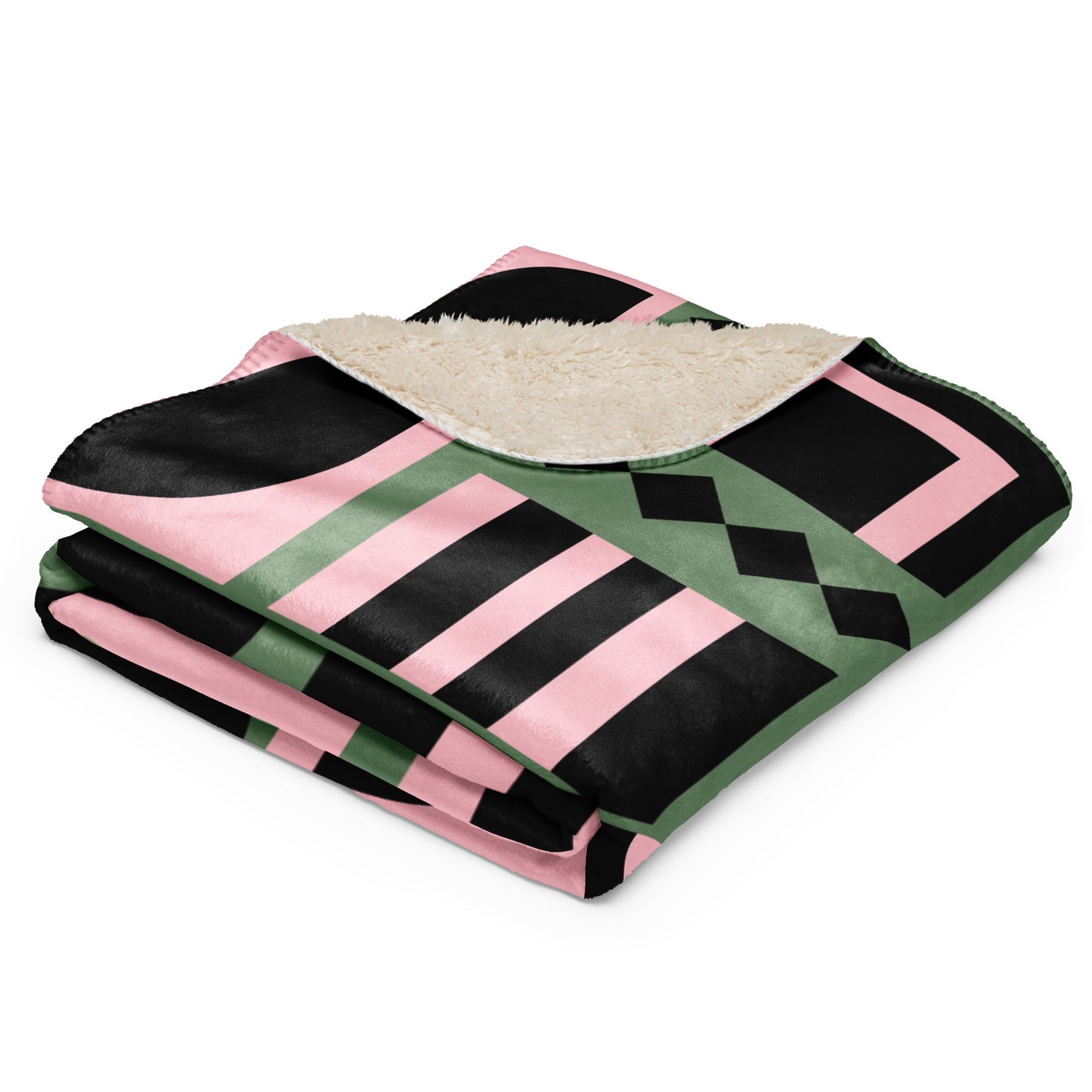 sherpa blanket with pink, sage, green, geometric pattern 