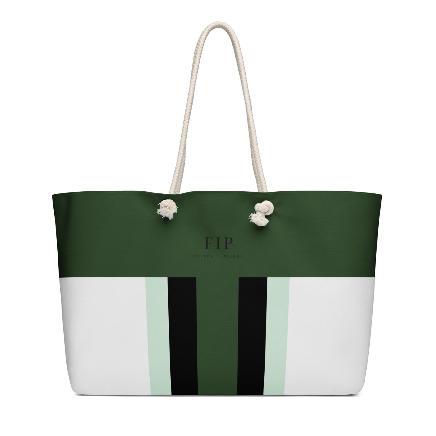 A structured tote bag with a dark green upper half and white lower half, featuring vertical black and pale mint stripes on the front. It has cream-colored rope handles. 