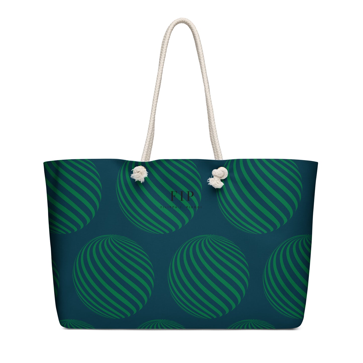 A tote bag with a dark teal and green striped pattern, featuring white rope handles.