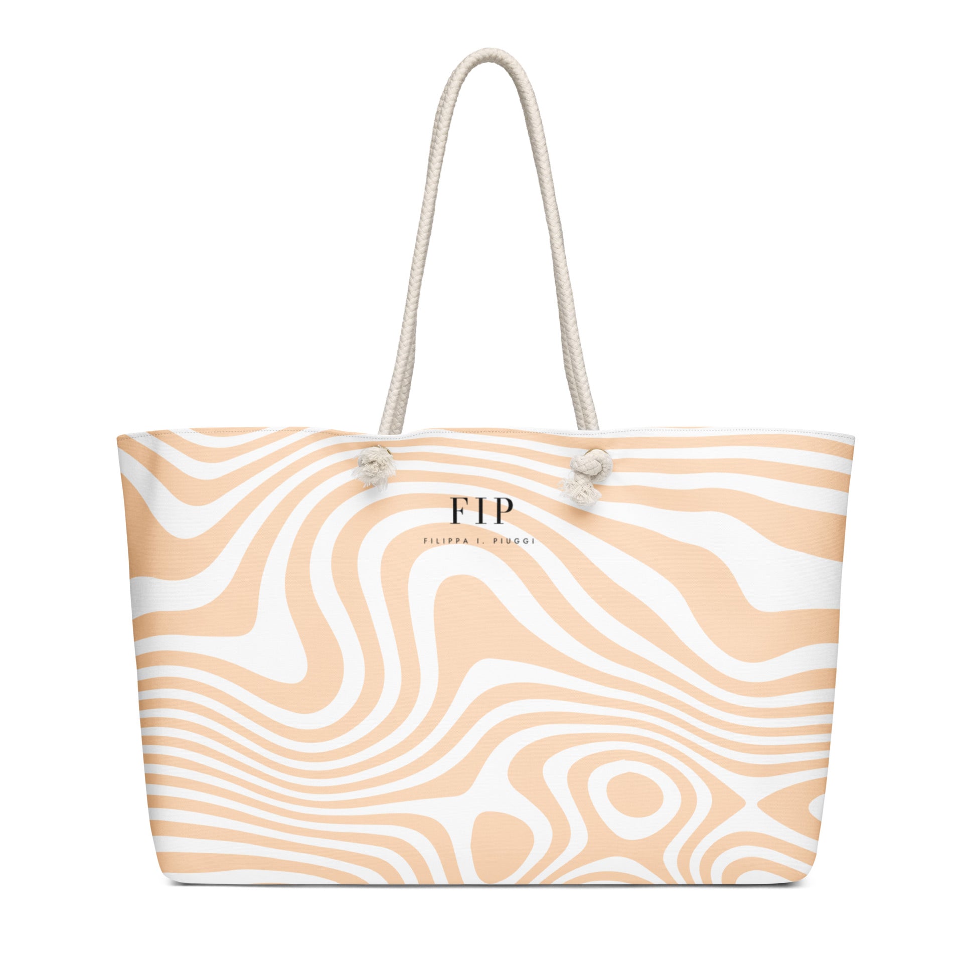 A tote bag with a peach and white wavy pattern, featuring two thick off-white rope handles.