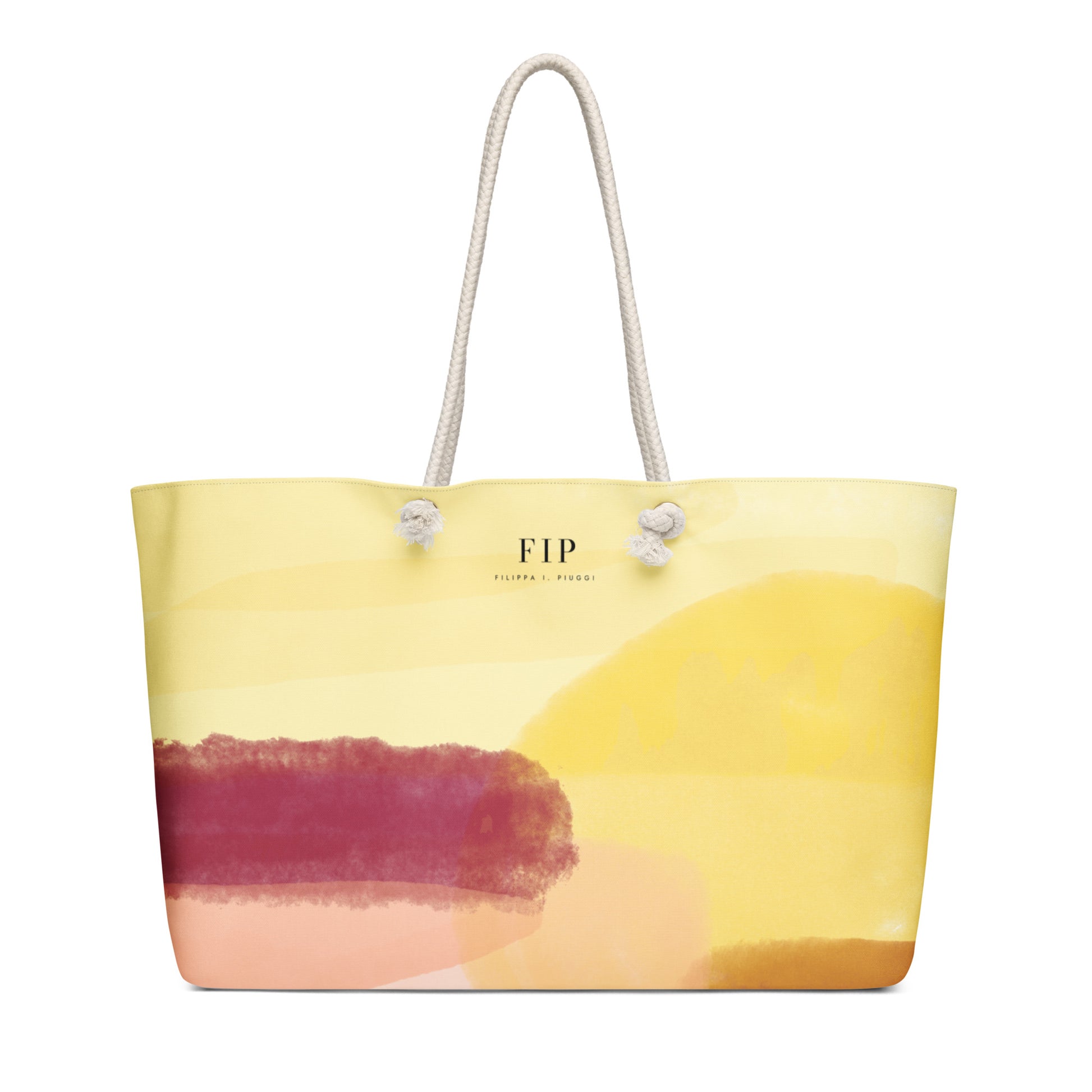 A yellow and orange abstract watercolor tote bag with a burgundy brushstroke pattern, featuring white rope handles 