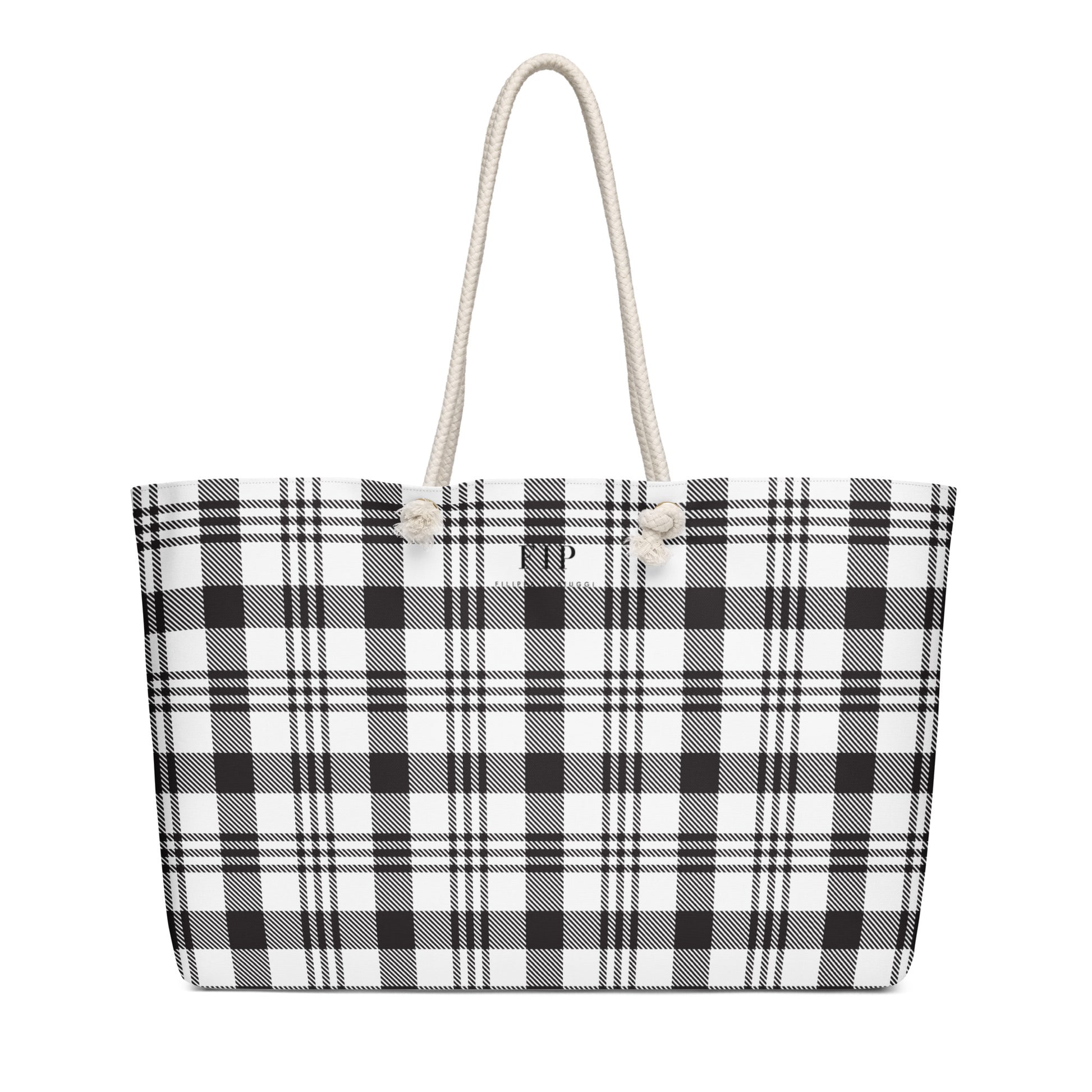 A tote bag with a black and white plaid pattern and thick cream rope handles.