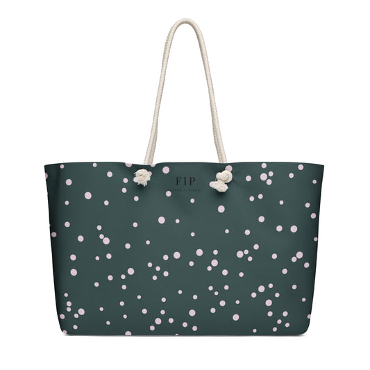 white polka dot pattern dark grey, featuring thick white rope handles 