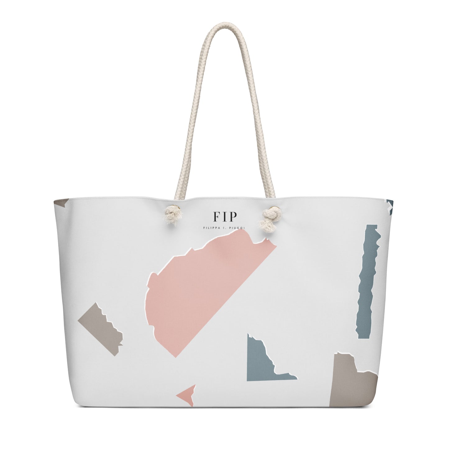A white tote bag with cream rope handles, featuring a graphic print of state silhouettes in dusty pink, slate blue, and taupe