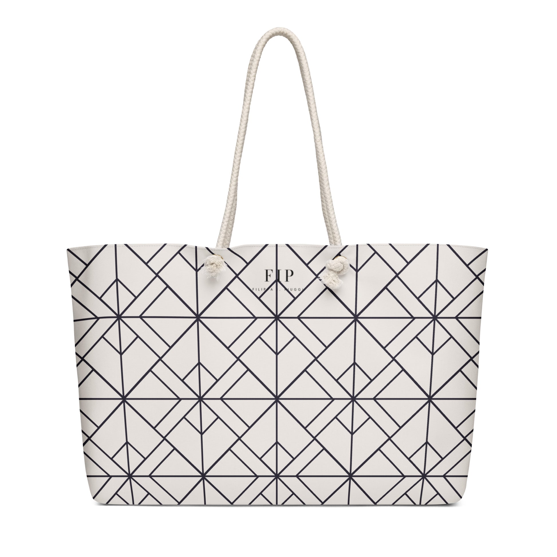 A large tote bag with a black geometric line pattern on a white background, featuring two thick white rope handles 