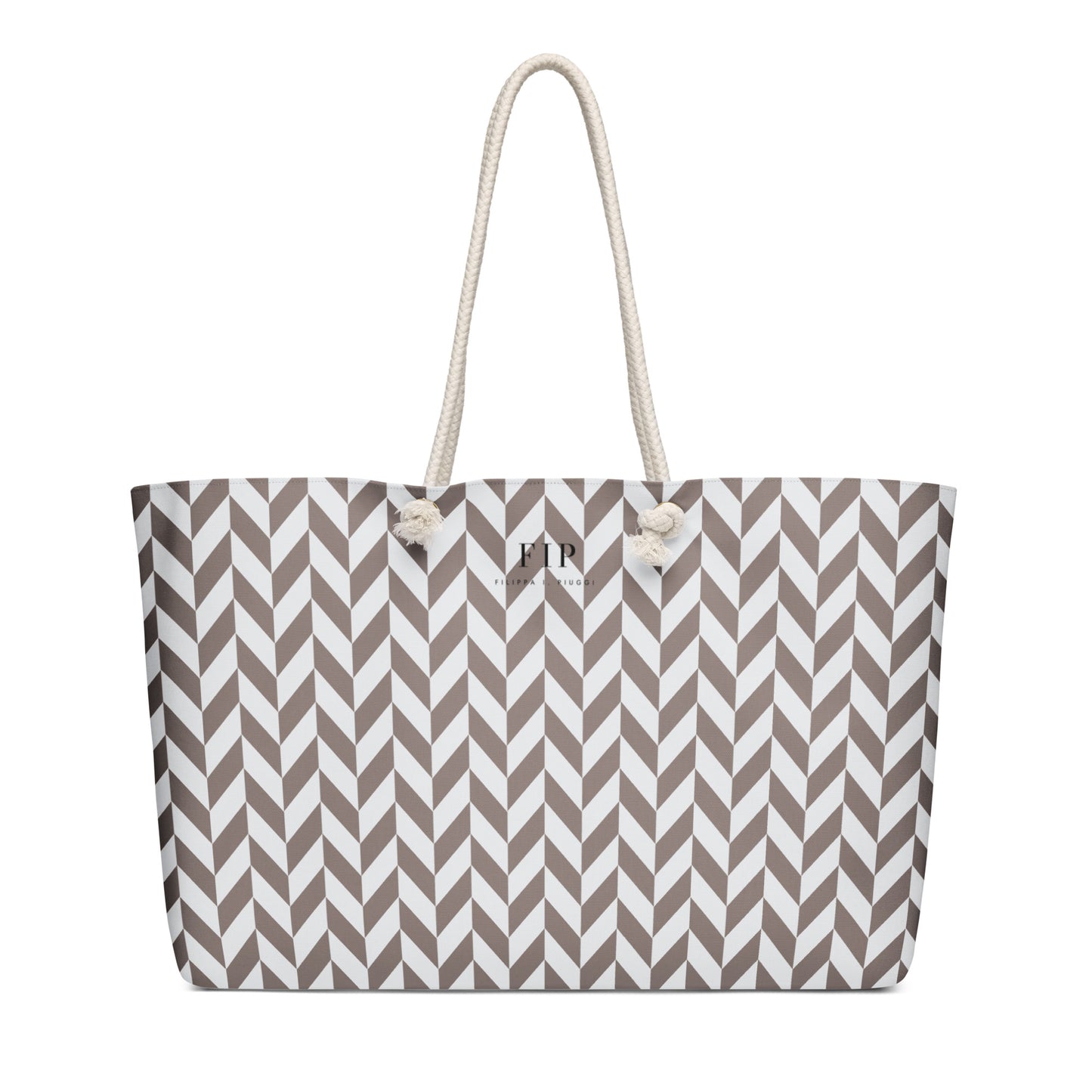 taupe tote bag with white handles chevron 