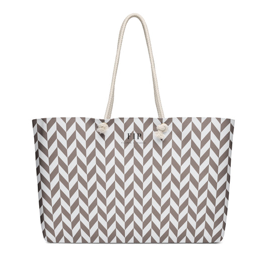 taupe tote bag with white handles chevron 