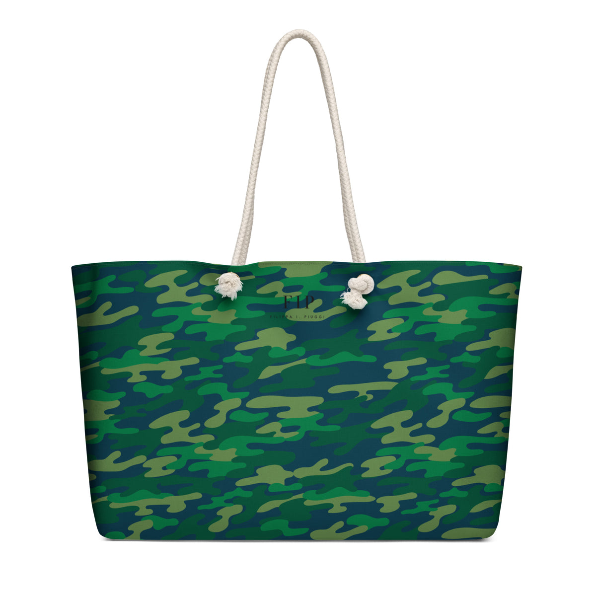 A tote bag with a green camouflage pattern and thick off-white rope handles