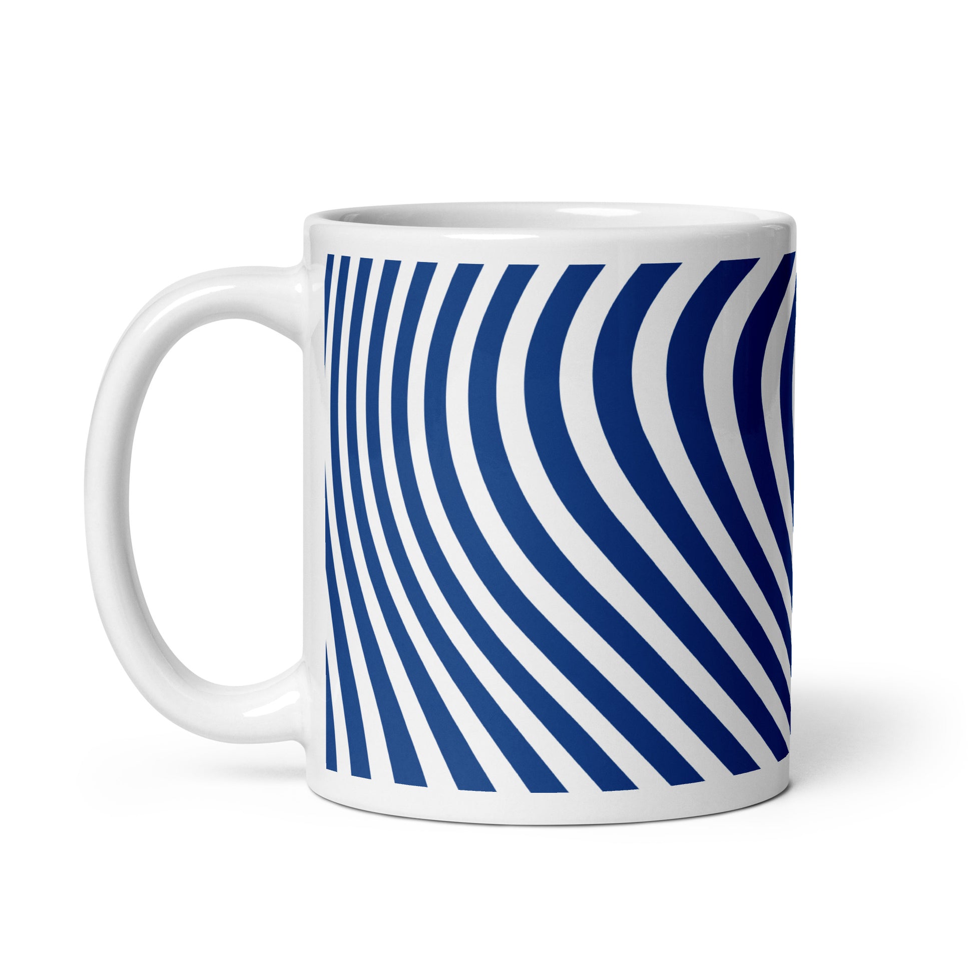 A white ceramic mug featuring a bold blue and white wavy stripe pattern on its exterior.