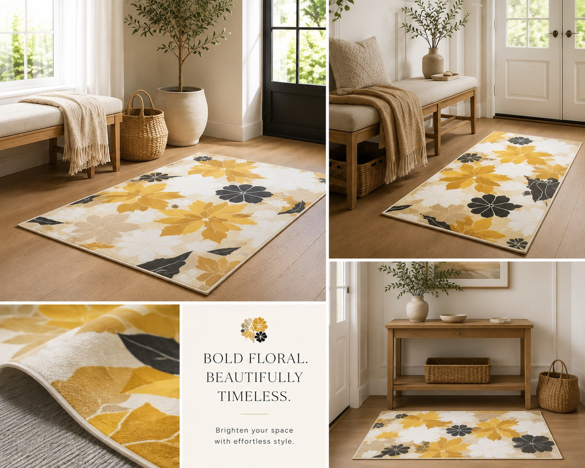 Mustard & Black Floral Area Rug